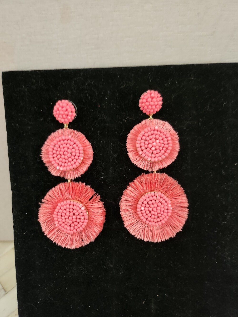 J. CREW Pink Beaded Fringe Tiered Dangle Earrings